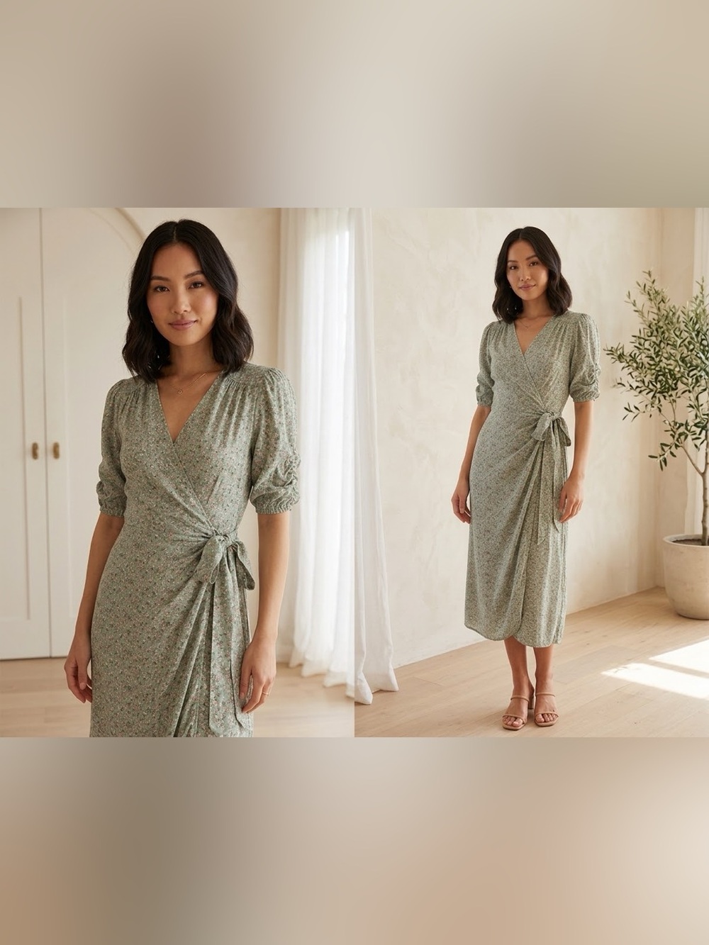 EP YAYING Silk Stretch Floral Wrap Midi Dress – Sage Green (Size 165/92A or 6)